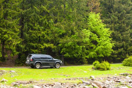 Photo for Top view of black car standing among summer nature. House is standing on the top of the hill on the background - Royalty Free Image