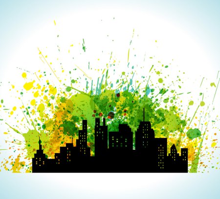 Illustration for Color Paint Splashes Eco Green City Silhouette Background. Background - Royalty Free Image