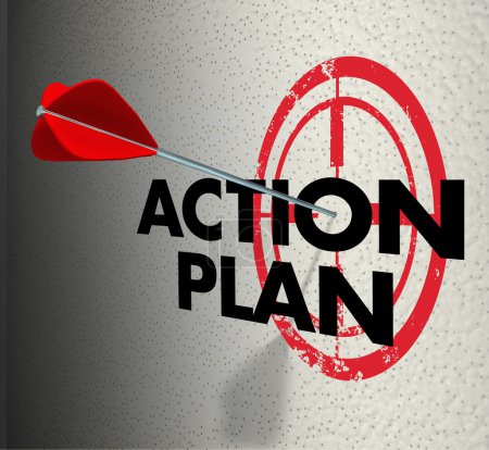 Photo for Action Plan words on a bull's eye or target and arrow hitting to illustrate meeting a goal or objective for a job or task - Royalty Free Image