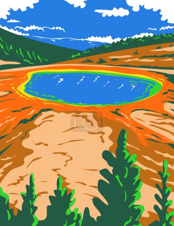 Ilustración de Arte póster WPA de la Gran Primavera Prismática en el Parque Nacional Yellowstone en el Condado de Teton, Wyoming, Estados Unidos de América en la administración de proyectos de obras o estilo de proyecto de arte federal. - Imagen libre de derechos