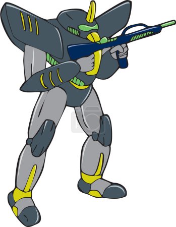 Illustration for Cartoon style illustration of a mecha robot holding gun viewed from front in an isolated background. - Royalty Free Image