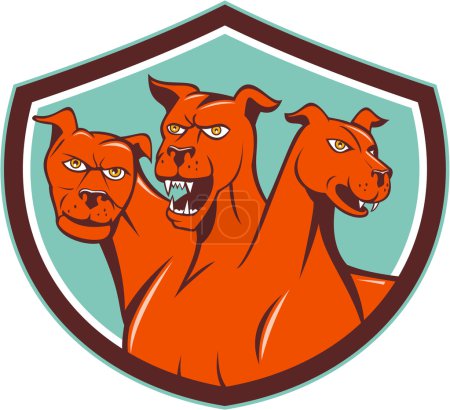 Illustration for Illustration of cerberus, in Greek and Roman mythology, a multi-headed usually three-headed dog, or hellhound with a serpent's tail, a mane of snakes lion's claws set inside shield crest on isolated background done in cartoon style. - Royalty Free Image