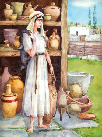 Photo for Watercolor sketch of series "Characters of Palestine". Jewry historic figure dressed in sackcloth female. Sad tired young maidservant with wineskin in storage pitchers with pots on shelves - Royalty Free Image