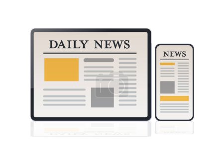 Ilustración de Noticias diarias artículos sobre pantallas de teléfonos inteligentes y tabletas en línea periódico aplicación comunicación medios de comunicación concepto horizontal vector ilustración - Imagen libre de derechos