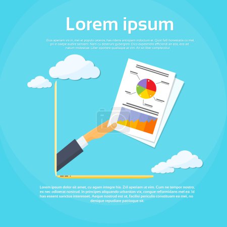 Téléchargez les illustrations : Écran de main et d'ordinateur portable d'homme d'affaires, document de papier financier, graphique, illustration vectorielle plate - en licence libre de droit