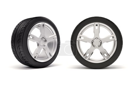 3d tire and alloy wheel on white background