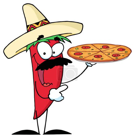 Ilustración de Personaje de dibujos animados Chile Pepper en Sombrero con Hot Pizza - Imagen libre de derechos