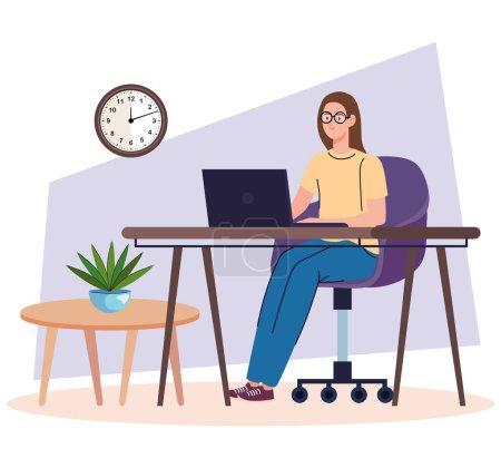 Téléchargez les illustrations : Jeune femme travailleur indépendant dans le bureau en utilisant la conception d'illustration vectorielle d'ordinateur portable - en licence libre de droit