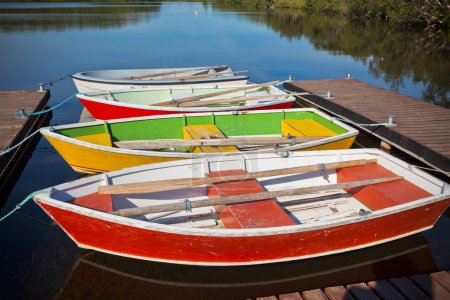 Barcos de madera flotantes a color con paletas en un lago
