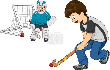 Téléchargez les photos : Illustration mettant en vedette des petits garçons jouant au hockey intérieur - en image libre de droit