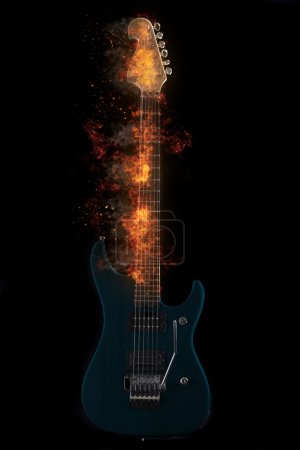 Guitarra eléctrica en llamas sobre fondo negro
