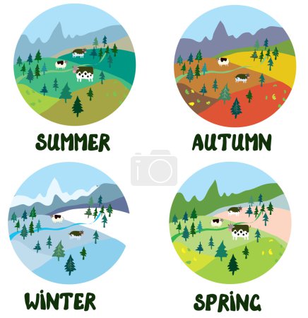 Photo for Farm rural landscape in four seasons - round shape cards - Royalty Free Image