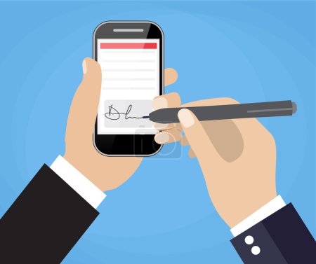 Photo for Businessman Hands signing Digital signature on Smart Cell Phone. Vector illustration in flat design  for business concept. - Royalty Free Image