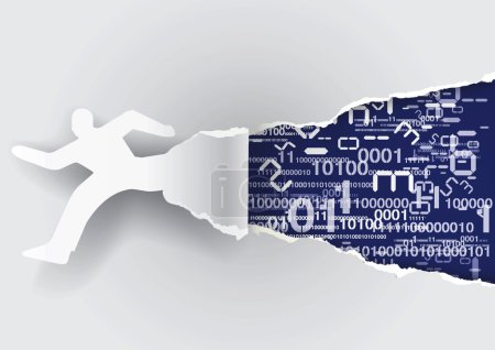 Téléchargez les illustrations : Silhouette en papier de l'homme courant déchirant fond de papier avec des codes binaires et des numéros numériques.Concept pour une connexion Internet rapide, flux de données rapide.Illustration vectorielle
. - en licence libre de droit