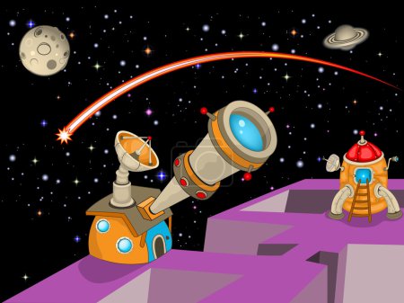 Illustration for Cartoon vector illustration of an astronomy observatory with a rocket ready to fly. - Royalty Free Image