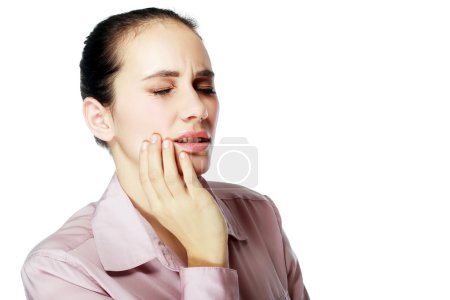 Photo for Closeup portrait young woman with sensitive tooth ache, Negative emotions, facial expression, feeling - Royalty Free Image