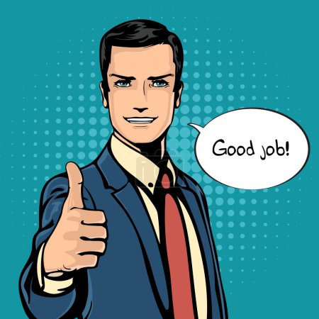 Vector illustration of successful businessman gives thumb up in vintage pop art comics retro style. Likes and positive feel. Gesture good and excellent, agree and smile.