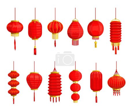 Linterna de papel chino y la lámpara roja iconos aislados de Asia Lunar Año Nuevo diseño vectorial decoración de vacaciones. Linternas del festival de primavera con adornos de oro y borlas, tradición de la cultura oriental