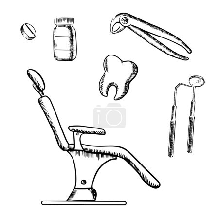 Illustration for Dental medicine icons with chair, mirror, probe and pliers, tooth, medication bottle and round pill. Isolated on white background, for medical theme design - Royalty Free Image