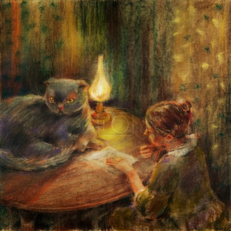 Photo for Woman sitting at the table and reading a letter, big cat sprawled across the table, a lamp illuminates the room. Pastel chalks on paper. - Royalty Free Image