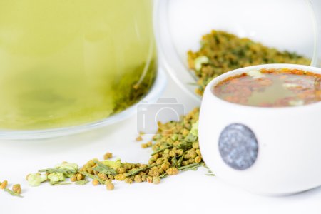 close-up of Japanese tea with rice Genmaicha and brewed tea in a