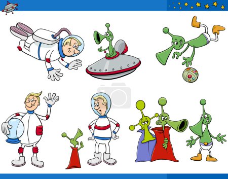 Téléchargez les illustrations : Illustrations de bande dessinée Ensemble de personnages extraterrestres fantastiques et astronautes - en licence libre de droit