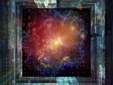Photo for 3D illustration of numbers, fractal structures and lights composition on subject of digital technology and communications - Royalty Free Image