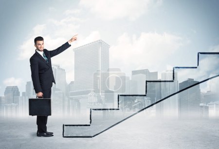 Photo for Business person in front of a staircase, city on the background - Royalty Free Image