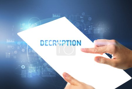 Photo for Hand holdig futuristic tablet with DECRYPTION inscription, new technology concept - Royalty Free Image