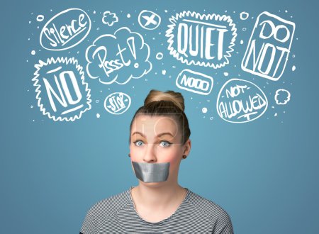 Young woman with glued mouth and thought clouds