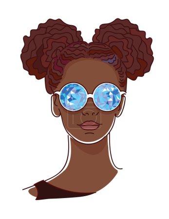 Illustration for Young afro woman with blue kaleidoscopic glasses - Royalty Free Image