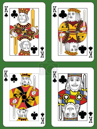 Illustration for Four Kings of Clubs in four different styles on a green background - Royalty Free Image