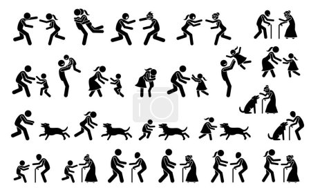 People running toward each other to hug after missing for a long time. Vector illustrations depict boyfriend, girlfriend, father, mother, child, grandfather, grandmother, friends, and dog meeting.