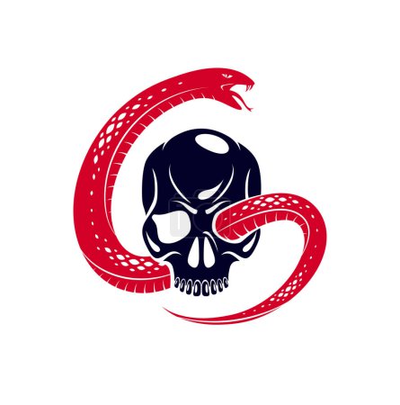 Ilustración de Cráneo con signo de diablo serpiente, diseño de vector vintage de cresta de estilo clásico, escudo de armas, muerte y renacimiento concepto tatuaje, - Imagen libre de derechos