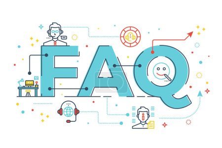 Ilustración de FAQ: Preguntas frecuentes palabra letras diseño ilustración con iconos de línea y adornos en tema azul - Imagen libre de derechos