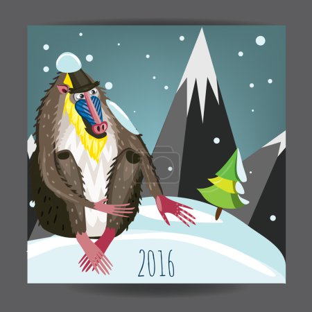 2016 Año Nuevo del mono. Postal decorativa con mono nariz azul. Mandrill con el mejor wisher en año nuevo. Partido cartel vector ilustrado. Sobres, plantilla de diseño de invitación
.
