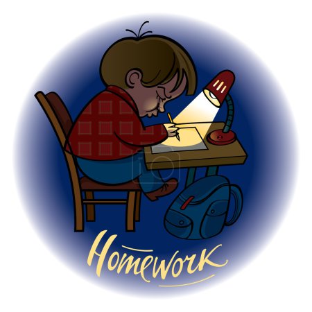 Illustration for Cartoon boy doing homework at night - Royalty Free Image