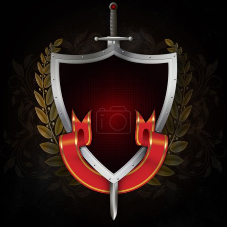 Ancien bouclier en argent avec épée et ruban rouge sur fond sombre b 