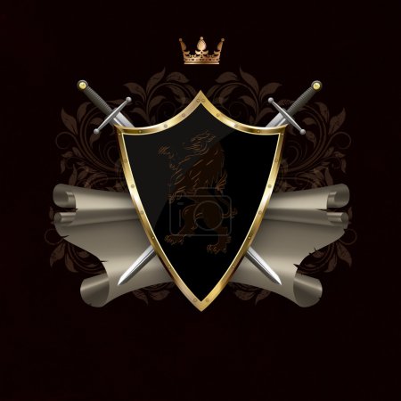 Antiguo escudo con león heráldico, pergamino y espadas
.