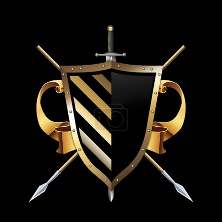 Bouclier héraldique en or avec lances, épée et ruban d'or .