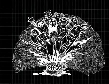 Fondo de café garabato dibujado a mano, ilustrador línea herramientas dibujar
