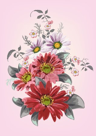 Textura delicada, flores, margaritas, dalias, gerberas, ramitas de flores de cerezo
