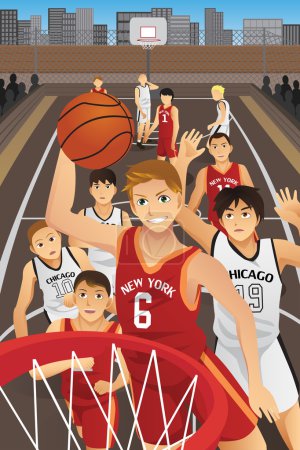 Illustration for A vector illustration of young men playing basketball in the inner city - Royalty Free Image