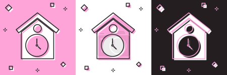 Ilustración de Set Retro icono de reloj de pared aislado en rosa y blanco, fondo negro. Signo del reloj de cuco. Reloj de péndulo antiguo. Vector. - Imagen libre de derechos
