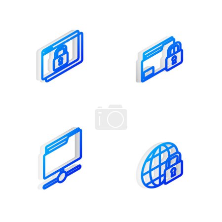Ilustración de Establecer línea isométrica Carpeta y bloqueo, Proteja su sitio con HTTPS, SSL, carpeta FTP e icono de bloqueo global. Vector - Imagen libre de derechos