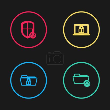 Ilustración de Establecer línea de carpeta y bloqueo,, Portátil y Escudo de seguridad con icono. Vector. - Imagen libre de derechos