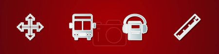 Ilustración de Establecer flechas de píxel en cuatro direcciones, Bus, Libro de audio y el icono de la regla. Vector. - Imagen libre de derechos