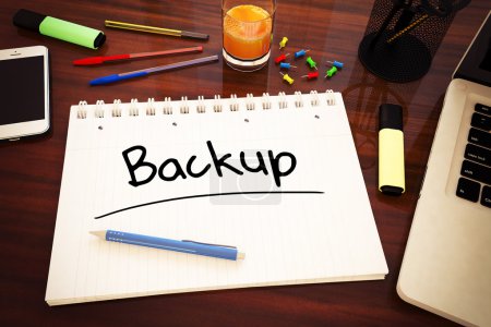 Photo for Backup - handwritten text in a notebook on a desk - 3d render illustration. - Royalty Free Image