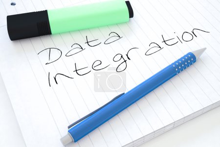 Photo for Data Integration - handwritten text in a notebook on a desk - 3d render illustration. - Royalty Free Image