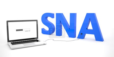Photo for SNA - Systems Network Architecture - laptop notebook computer connected to a word on white background. 3d render illustration. - Royalty Free Image